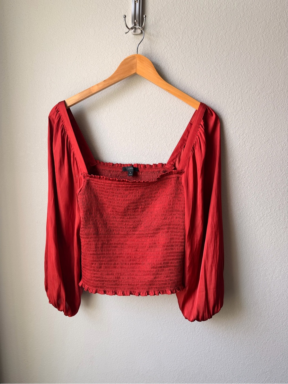 J. Crew Red Smocked Cropped Square-Neck Long-Sleeve Top